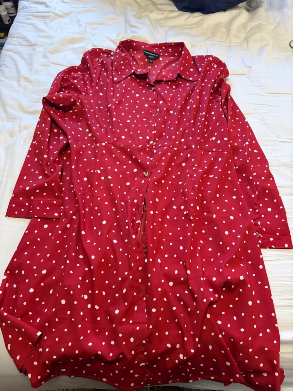 Red Polka Dot Long-Sleeve Shirt Dress by Express